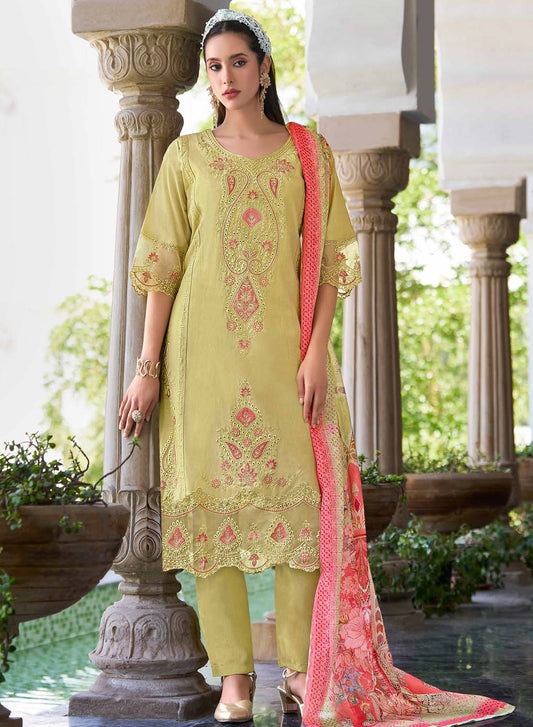 Green Unstitched Cotton Pakistani Suit Material with Embroidery for Women