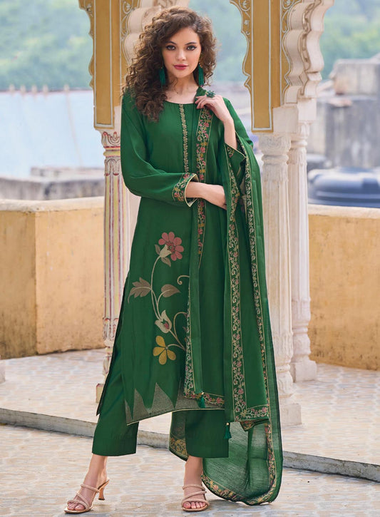 Pure Muslin Unstitched Green Printed Women Salwar Suit Dress Material Kilory Trends