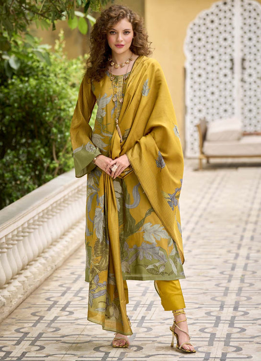 Kilory Yellow Unstitched Muslin Salwar Suit Dress Material for Women