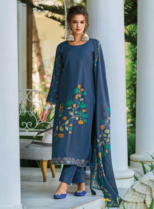Kilory Pure Muslin Blue Unstitched Suit Dress Material for Women
