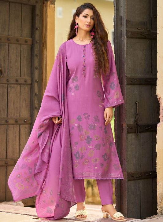 Fancy Pink Muslin Silk Unstitched Salwar Suit Material for Women