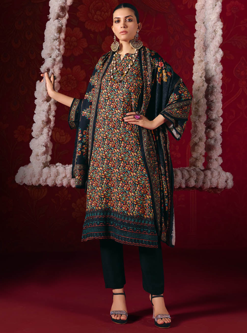 Black Pashmina Unstitched Winter Salwar Suit Dress Material for Women