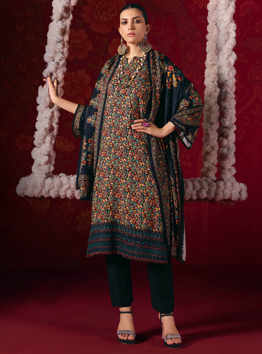 Black Pashmina Unstitched Winter Salwar Suit Dress Material for Women