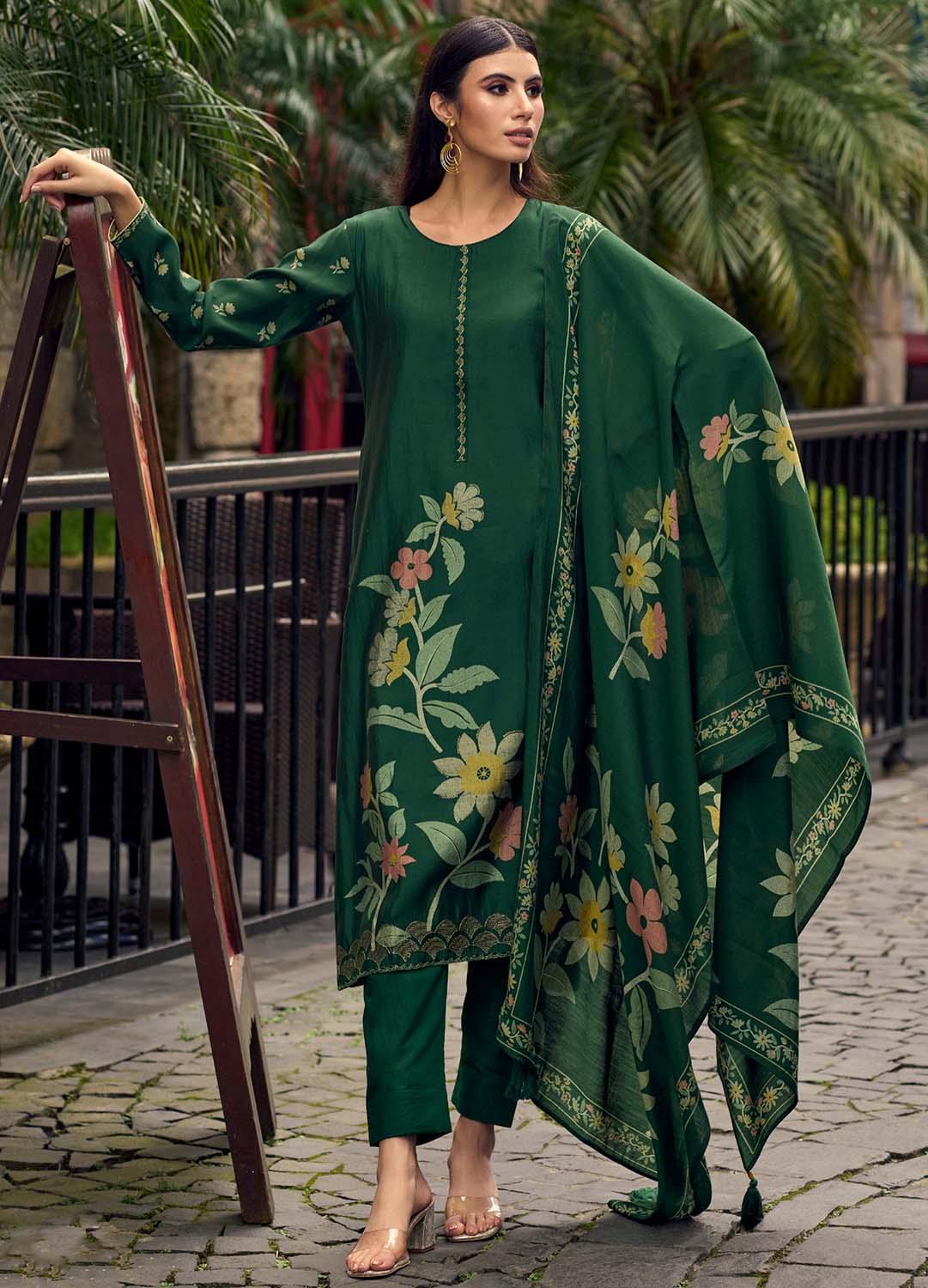 Party Wear Pure Viscose Muslin Unstitched Printed Suit Green