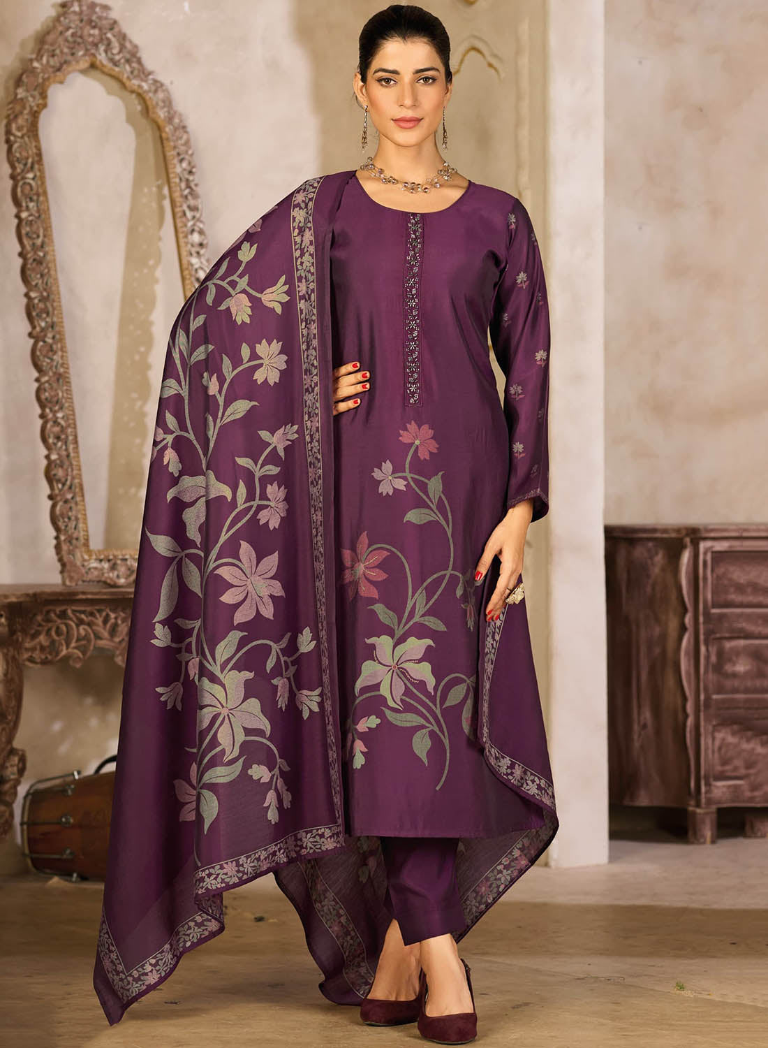 Women's Party Wear Purple Muslin Silk Unstitched Suit Dress Material