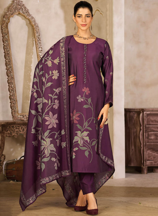 Women's Party Wear Purple Muslin Silk Unstitched Suit Dress Material