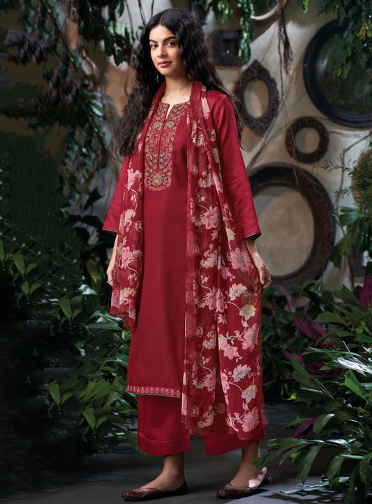 Ganga Cotton Satin Maroon Unstitched Salwar Suit Material with Embroidery