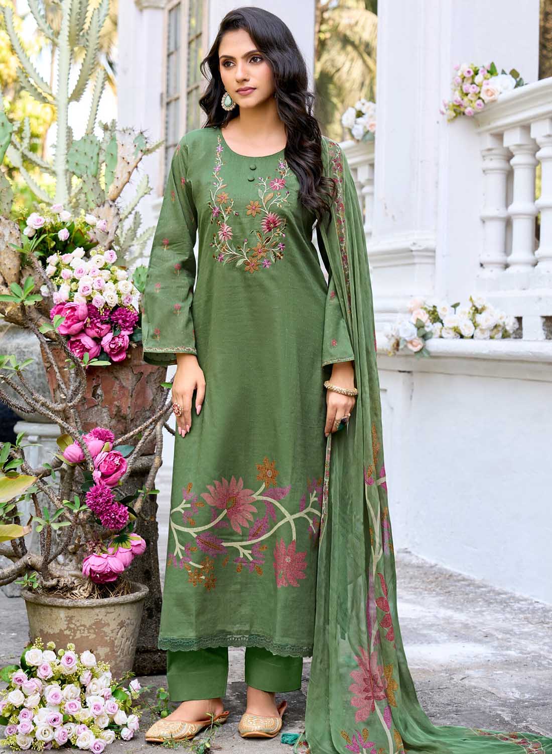 Women’s Green Unstitched Cotton Suit Material with Chiffon Dupatta
