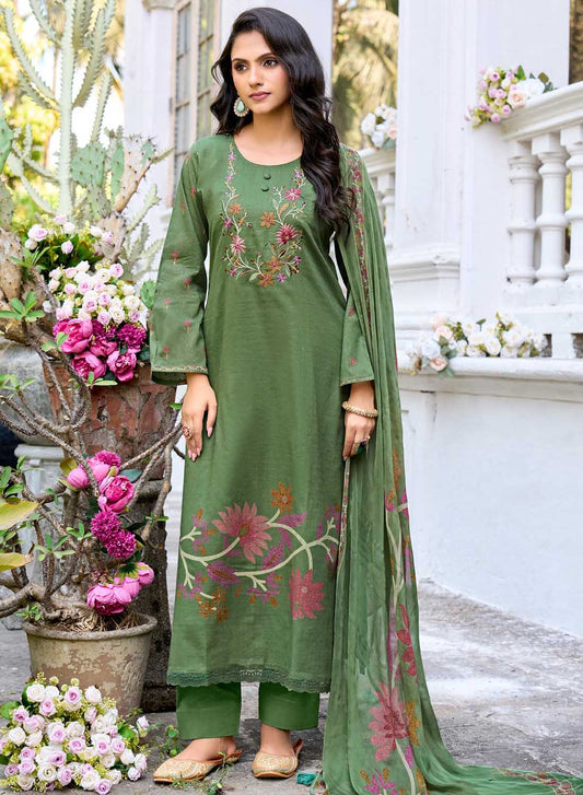 Women’s Green Unstitched Cotton Suit Material with Chiffon Dupatta