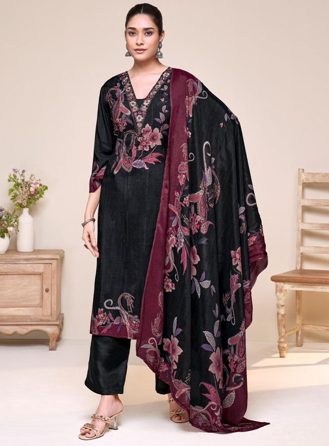 Black Party Wear Pure Muslin Unstitched Suit Set with Embroidery