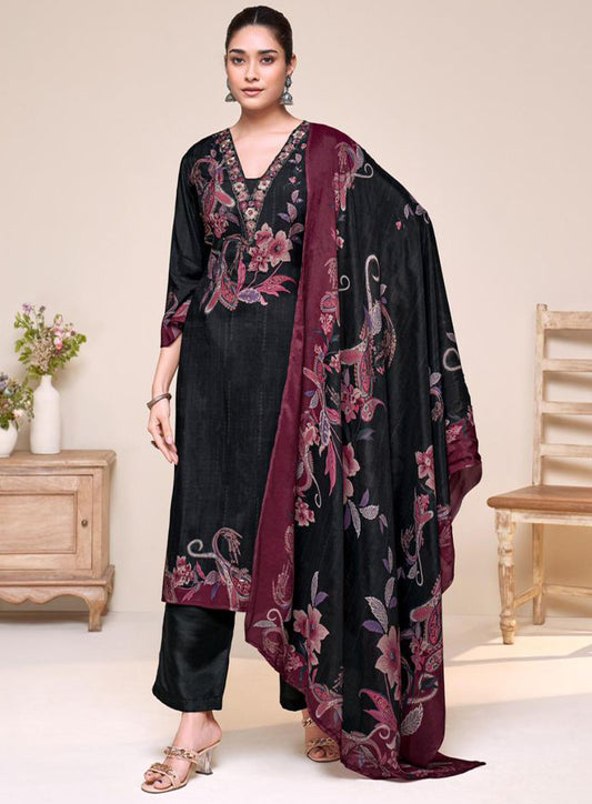 Black Party Wear Pure Muslin Unstitched Suit Set with Embroidery
