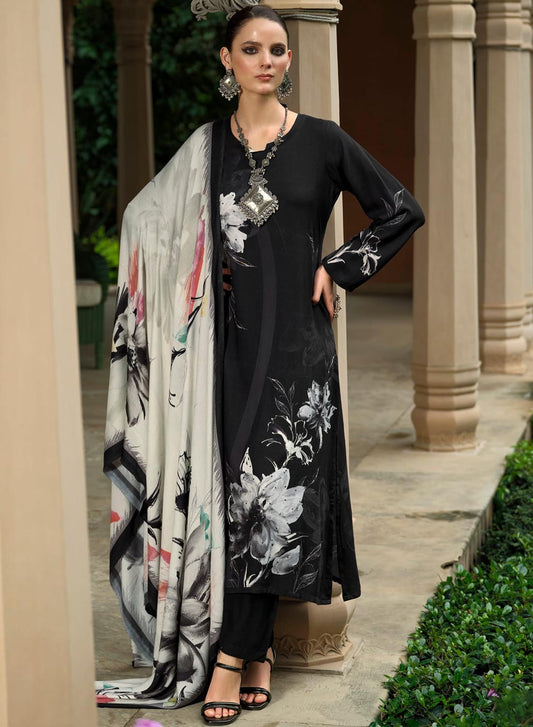 Black Unstitched Pashmina Winter Salwar Suit Set Material for Women