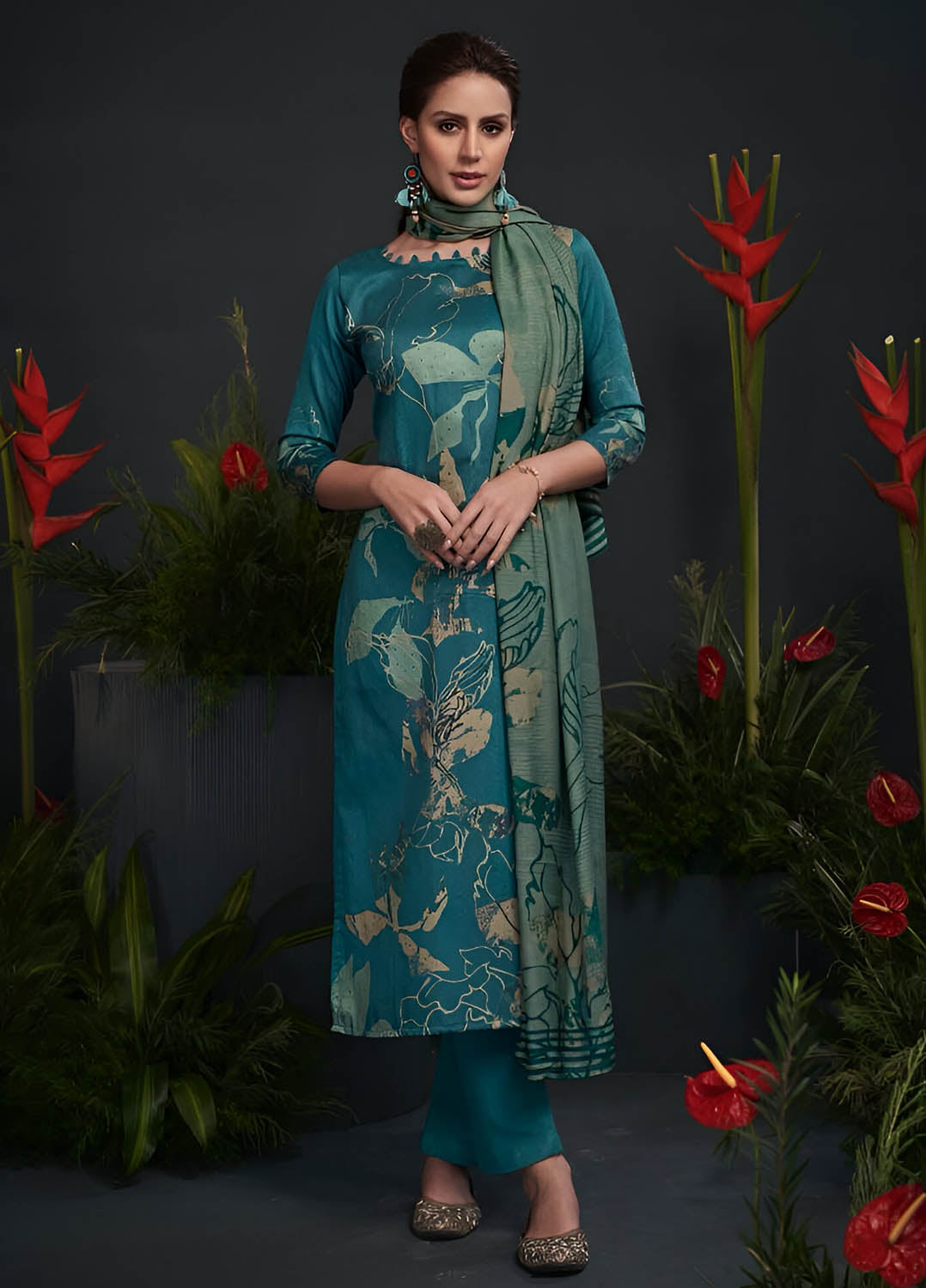 Teal Blue Cotton Silk Unstitched Suit Material with Dupatta for Women