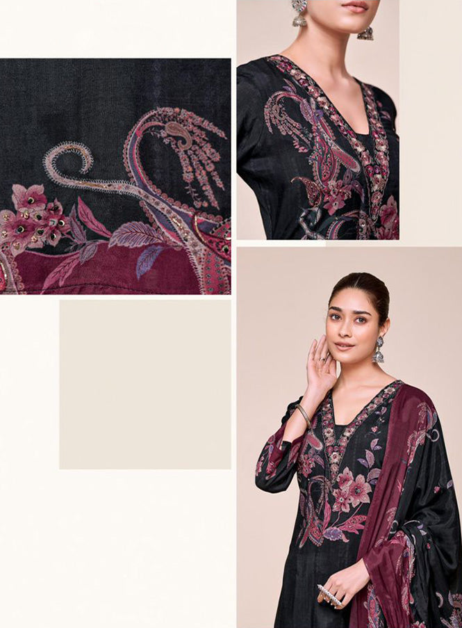 Black Party Wear Pure Muslin Unstitched Suit Set with Embroidery