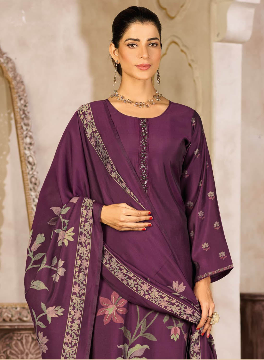 Women's Party Wear Purple Muslin Silk Unstitched Suit Dress Material
