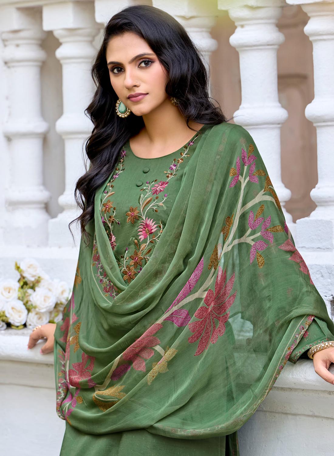 Women’s Green Unstitched Cotton Suit Material with Chiffon Dupatta