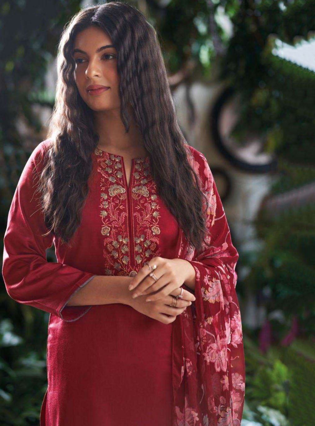 Ganga Cotton Satin Maroon Unstitched Salwar Suit Material with Embroidery