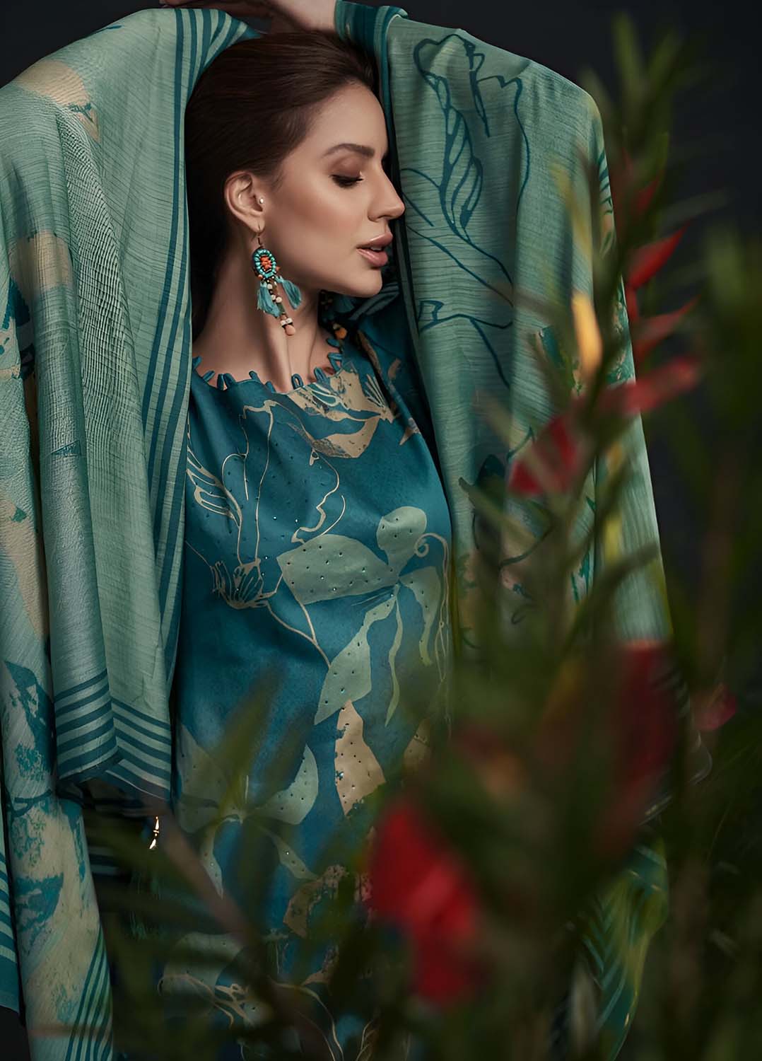 Teal Blue Cotton Silk Unstitched Suit Material with Dupatta for Women Karachi Prints
