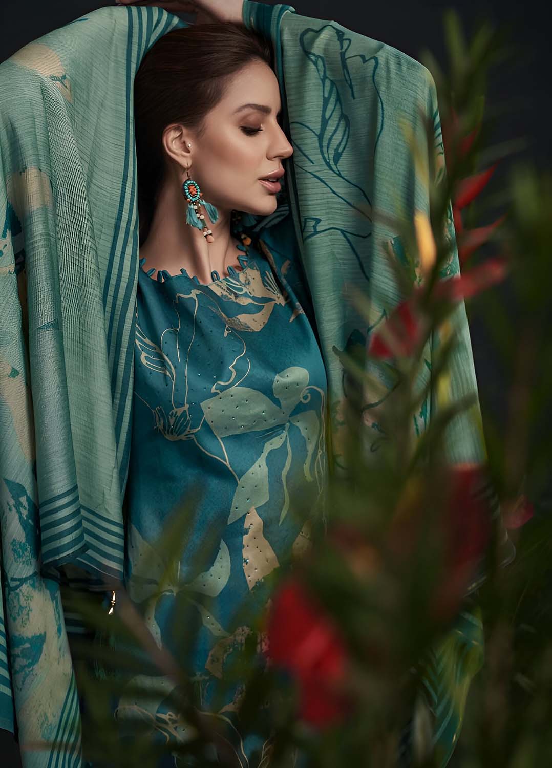 Teal Blue Cotton Silk Unstitched Suit Material with Dupatta for Women