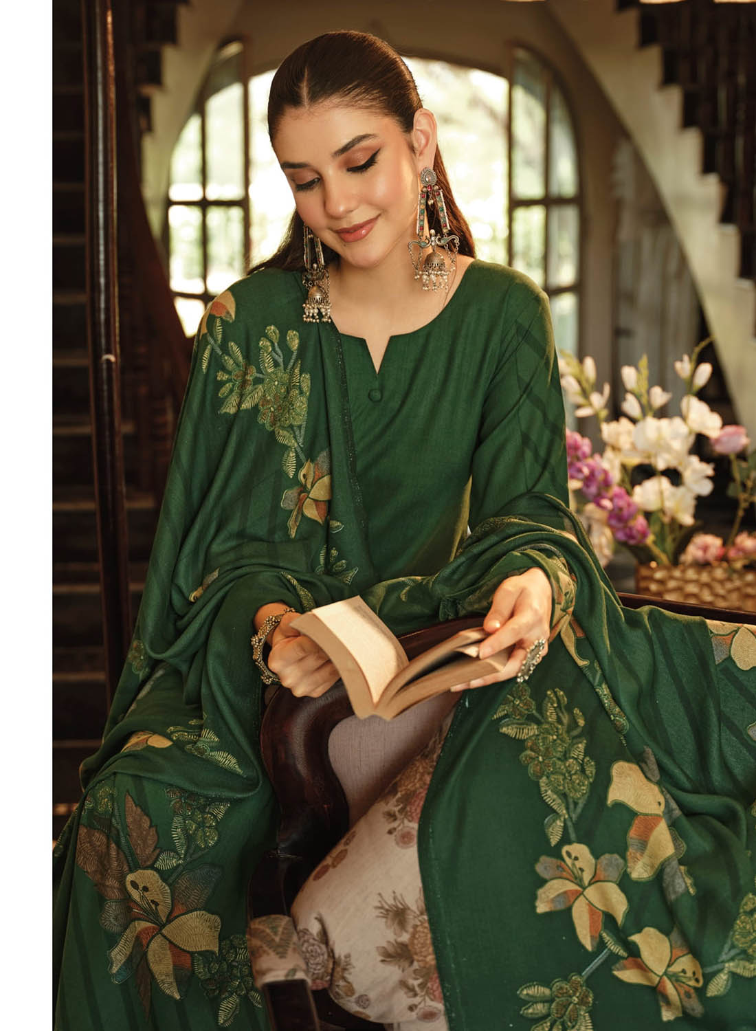 Fancy Green Pashmina Unstitched Winter Salwar Suit Set Material for Women