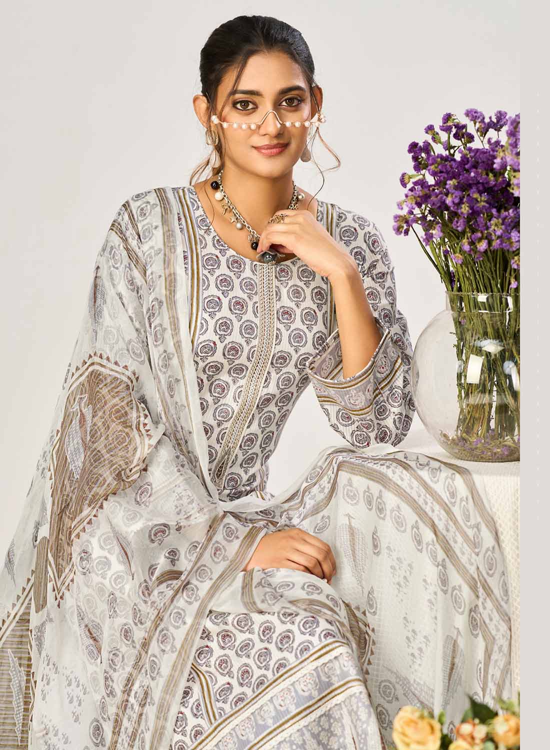 Off-White Pure Cotton Unstitched Suit Material with Dupatta for Women