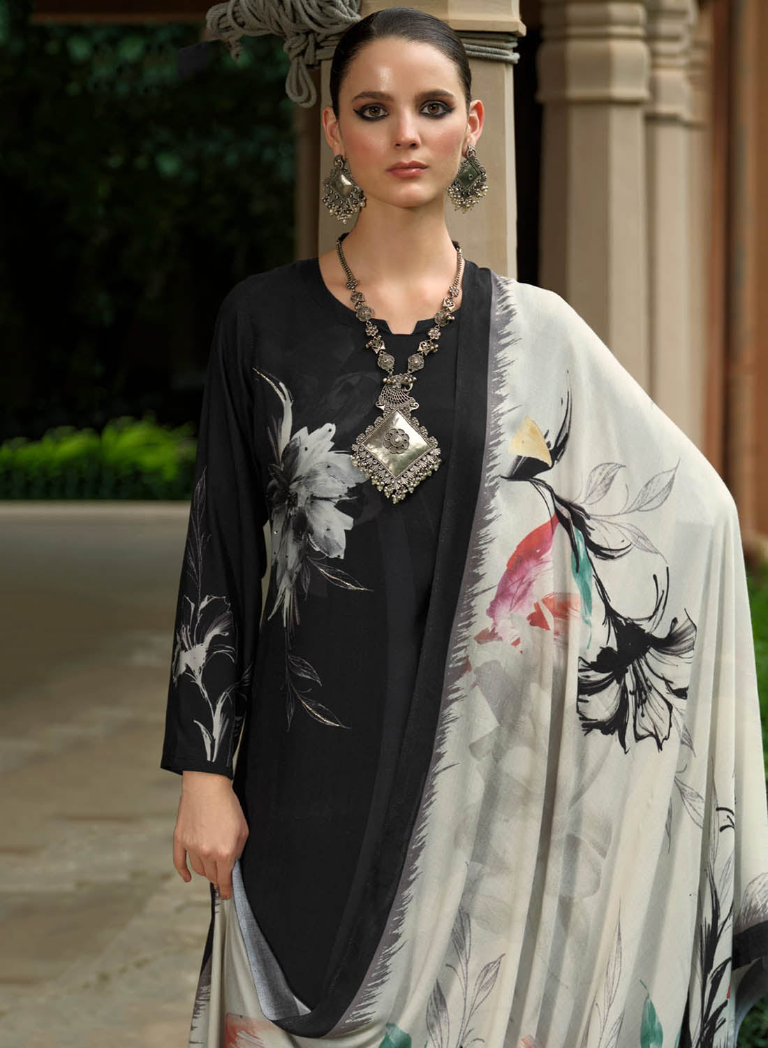 Black Unstitched Pashmina Winter Salwar Suit Set Material for Women