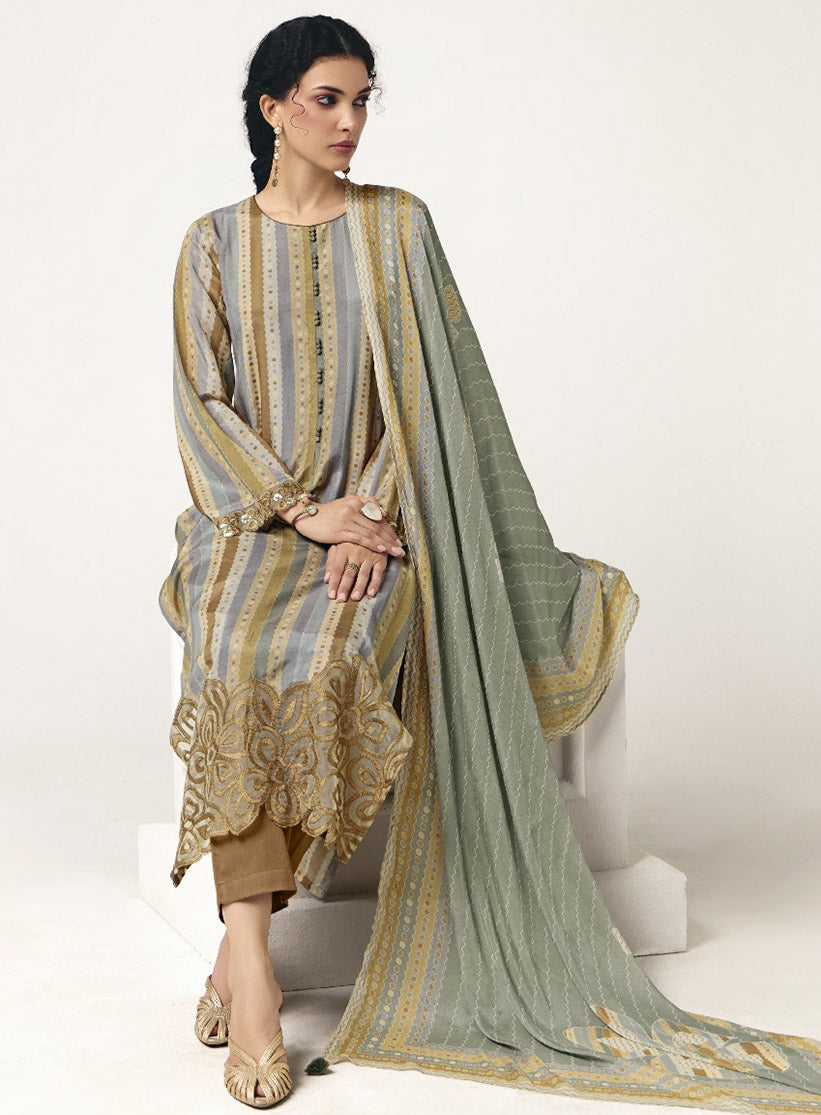 Pure Muslin Party Wear Unstitched Suit Set Material with Embroidery