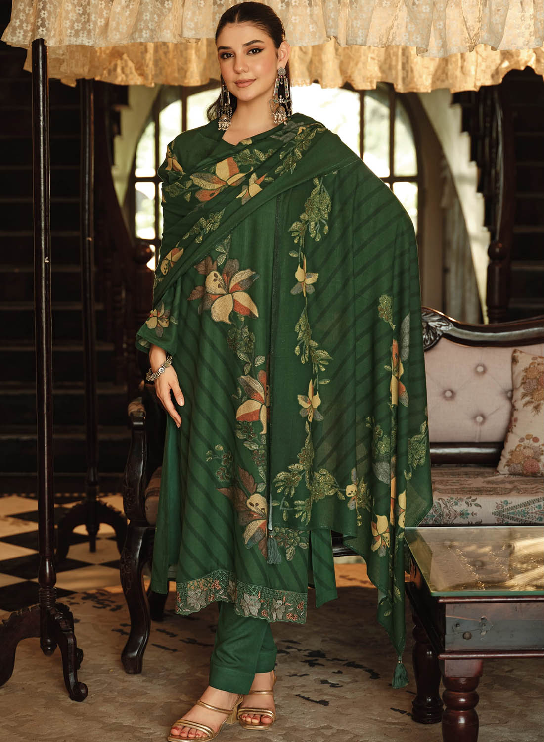 Fancy Green Pashmina Unstitched Winter Salwar Suit Set Material for Women