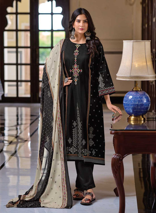 Black Unstitched Cambric Cotton Suit Dress Material with Embroidery