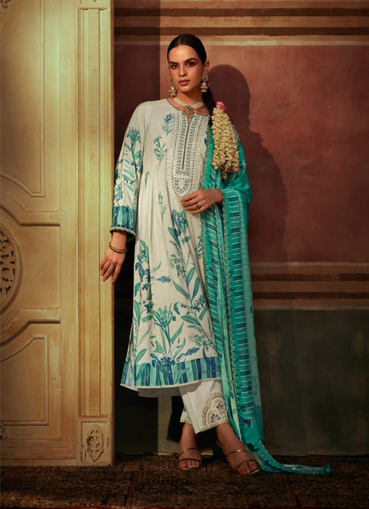 Pure Muslin Off-White Unstitched Suit Dress Material with Embroidery Kimora