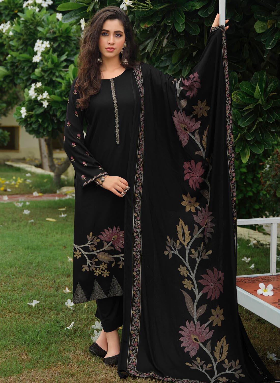 Party Wear Black Unstitched Pashmina Winter Suit Material for Women