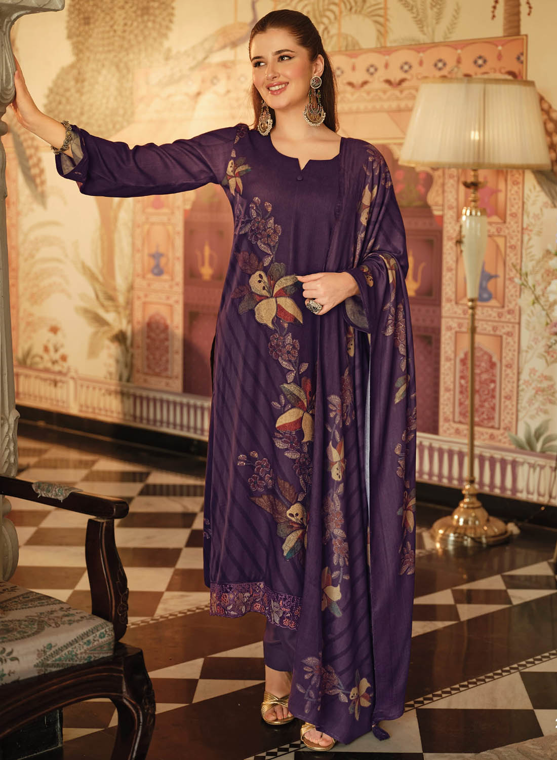 Fancy Purple Pashmina Unstitched Winter Salwar Suit Set Material for Women