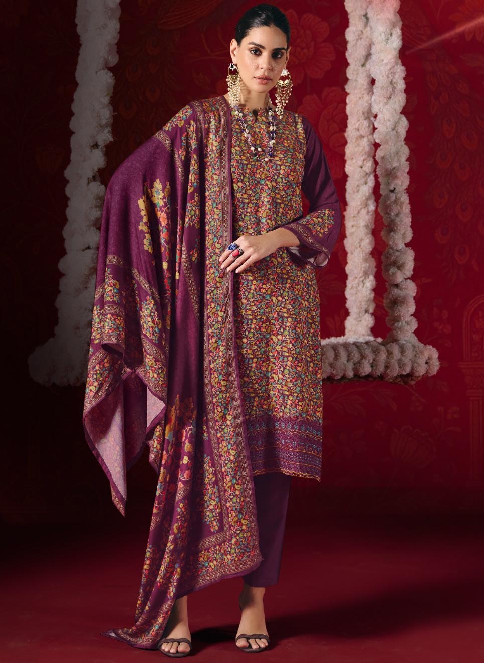 Purple Pashmina Unstitched Winter Salwar Suit Dress Material for Women