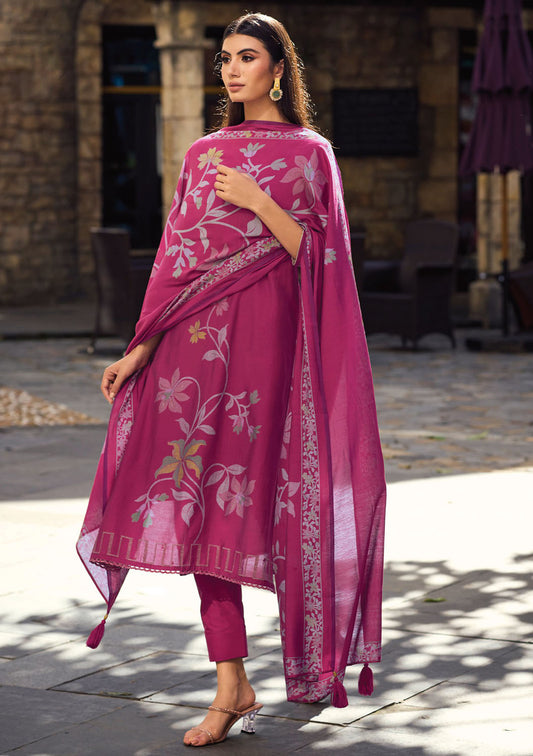 Party Wear Pure Viscose Muslin Unstitched Printed Suit Pink