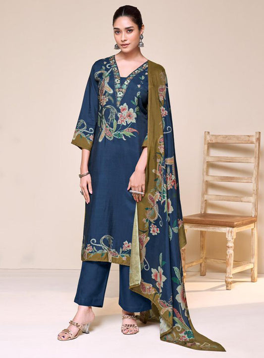 Blue Party Wear Pure Muslin Unstitched Suit Set with Embroidery