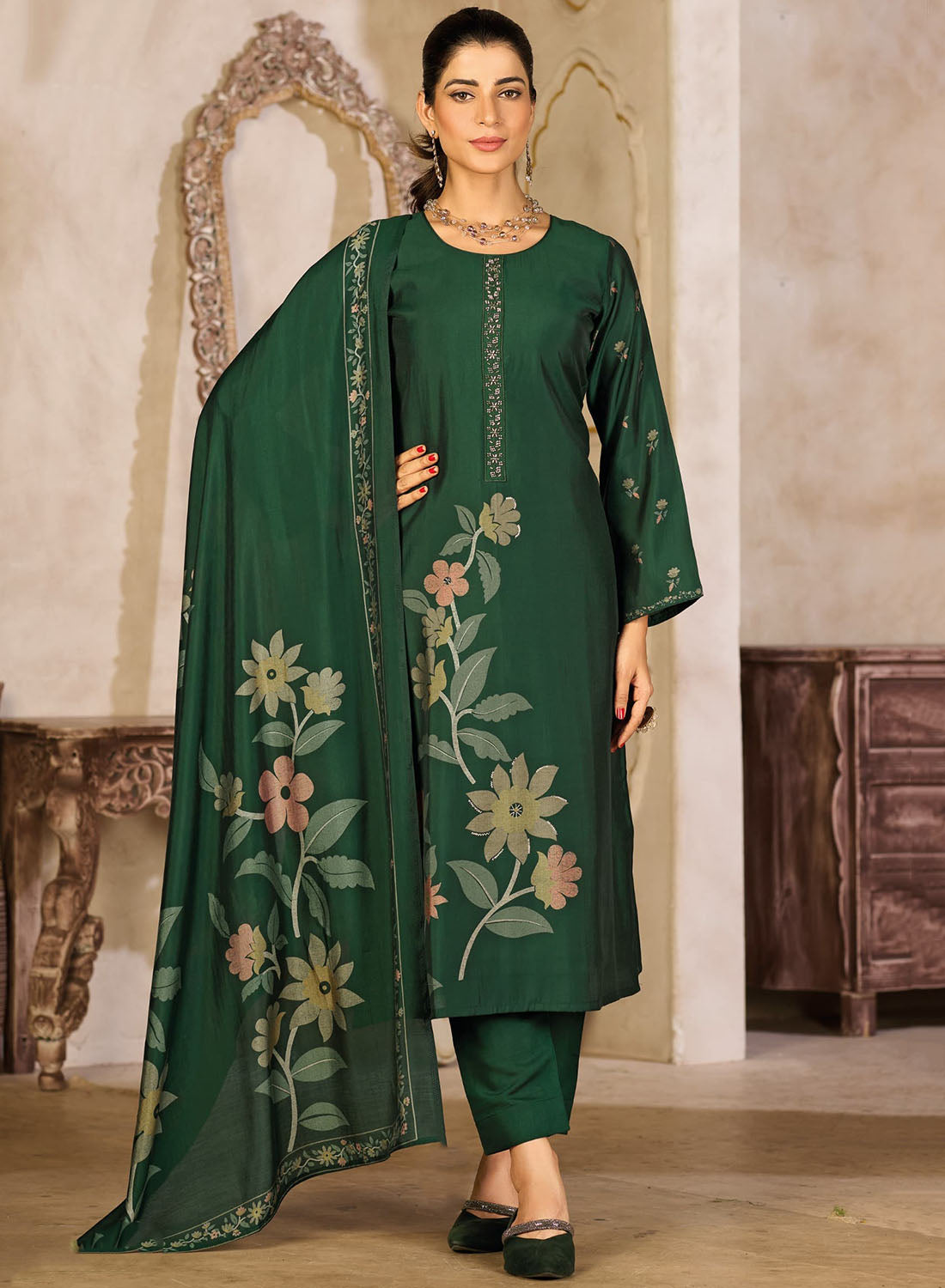Green Party Wear Muslin Silk Unstitched Salwar Suit Dress Material