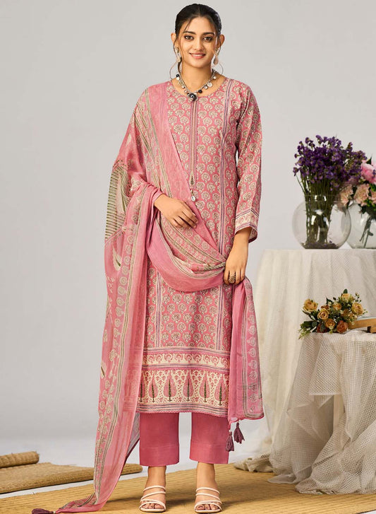 Pink Pure Cotton Unstitched Suit Material with Dupatta for Women