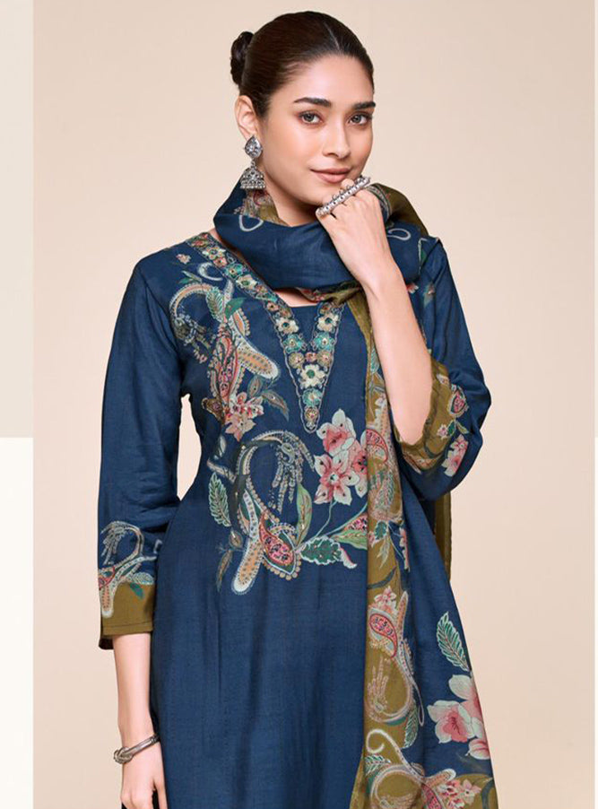 Blue Party Wear Pure Muslin Unstitched Suit Set with Embroidery