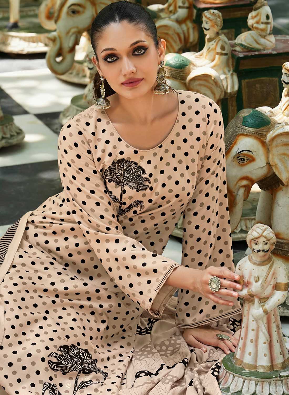 Unstitched Beige Woolen Pashmina Winter Suit Material for Women