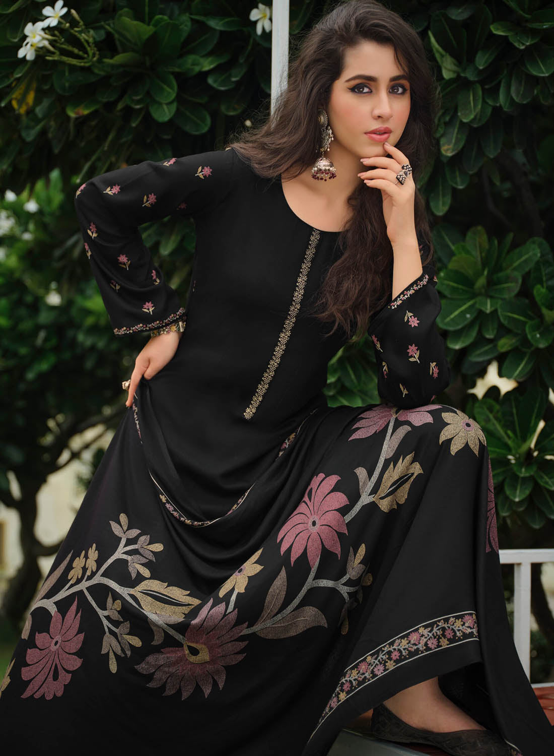Party Wear Black Unstitched Pashmina Winter Suit Material for Women