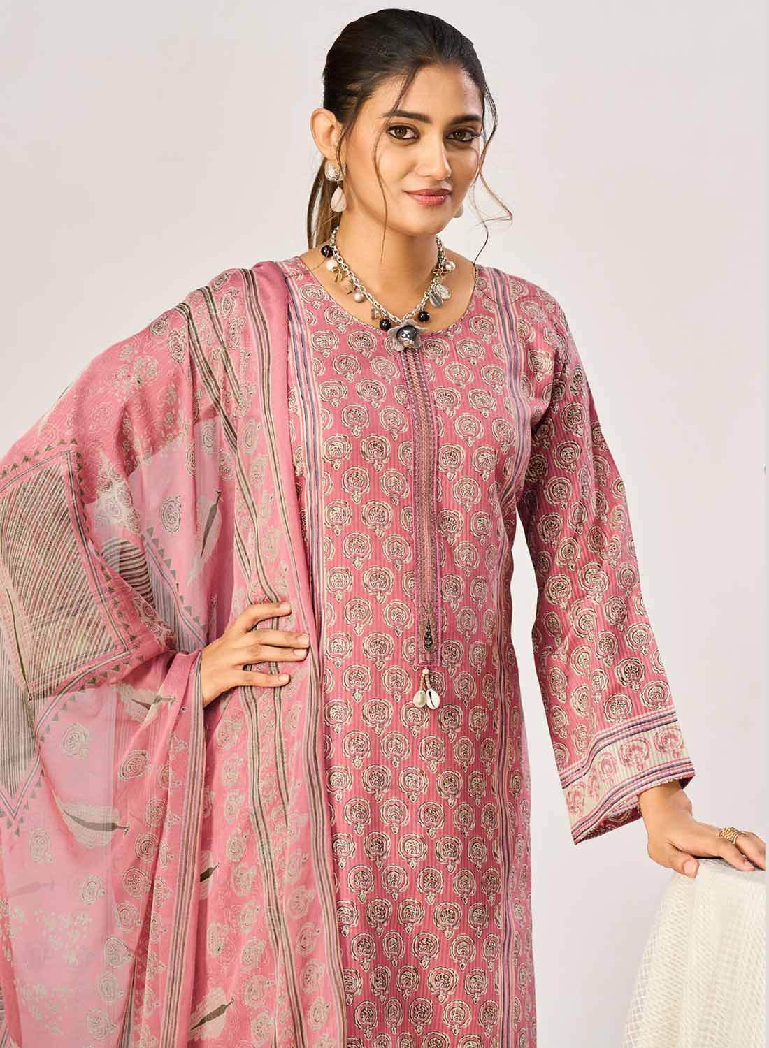 Pink Pure Cotton Unstitched Suit Material with Dupatta for Women