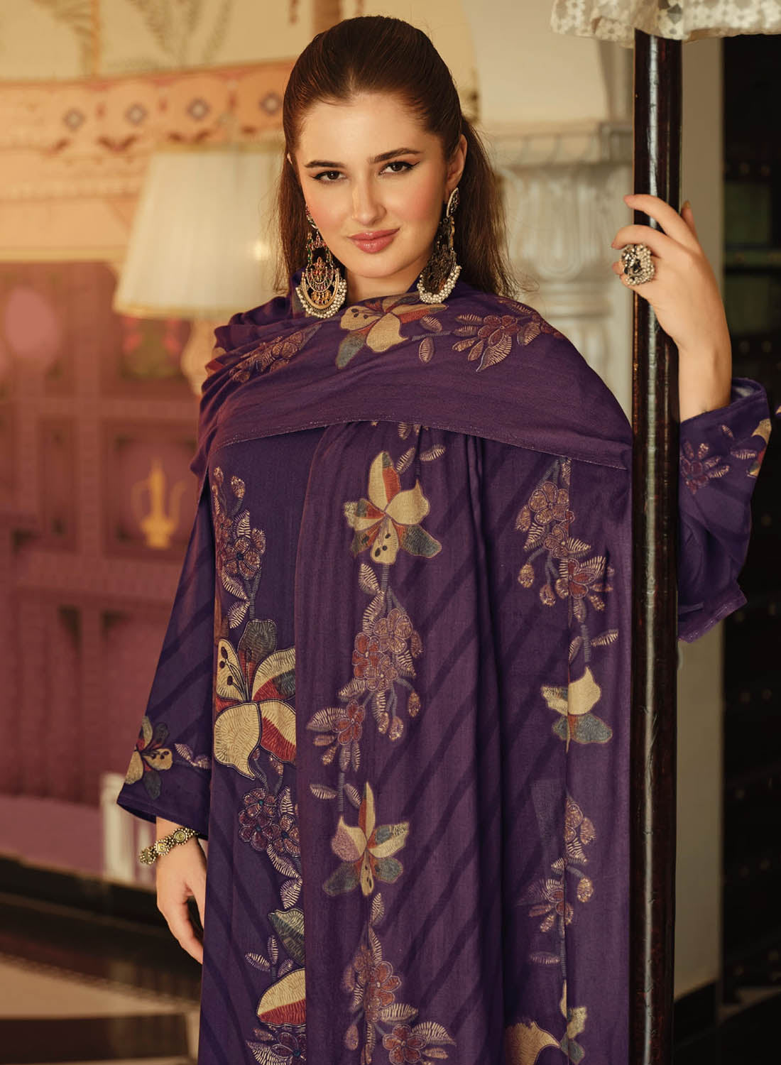 Fancy Purple Pashmina Unstitched Winter Salwar Suit Set Material for Women