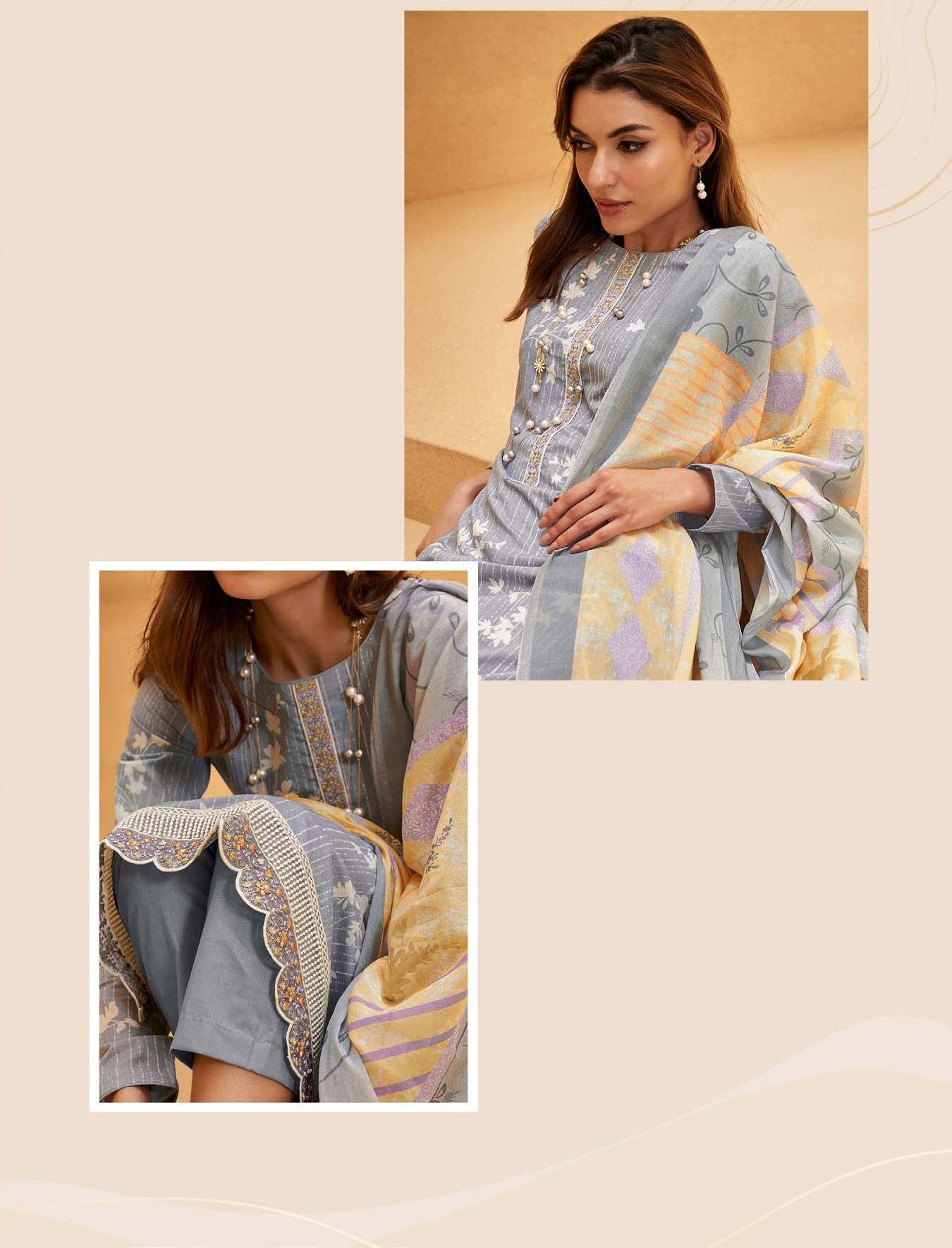 Mumtaz Arts Unstitched Women Lawn Cotton Suit Set Grey Mumtaz Arts