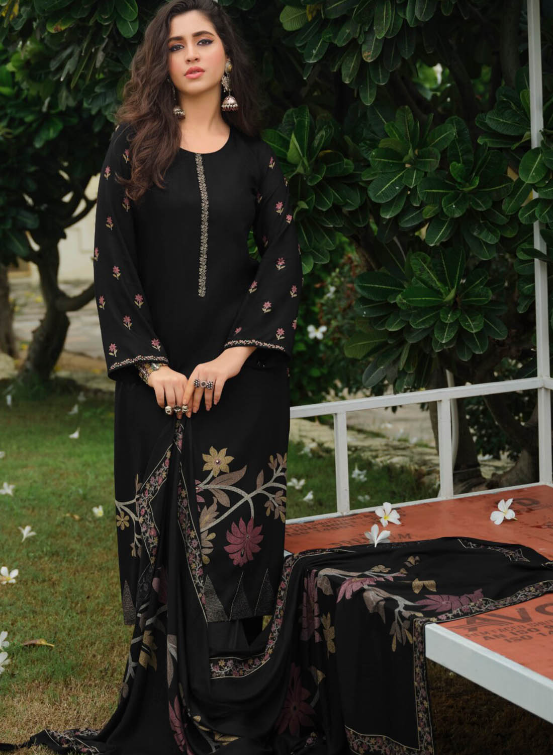Party Wear Black Unstitched Pashmina Winter Suit Material for Women