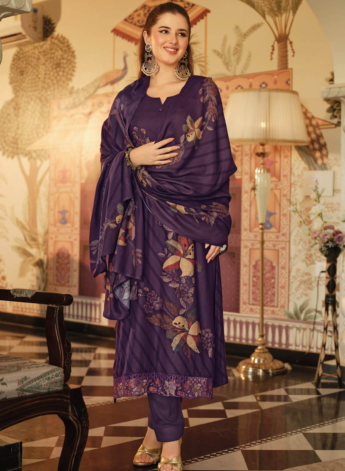 Fancy Purple Pashmina Unstitched Winter Salwar Suit Set Material for Women