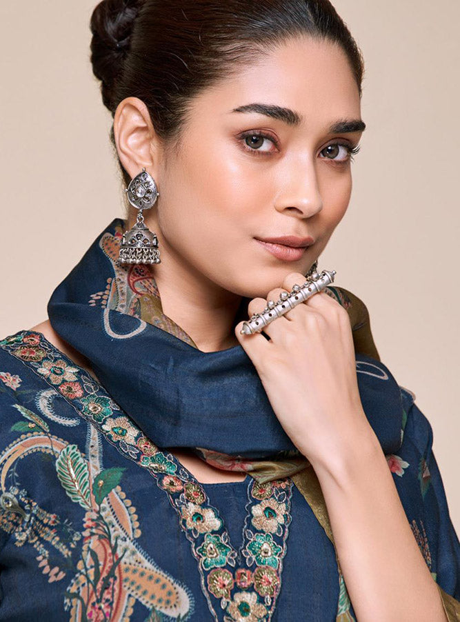 Blue Party Wear Pure Muslin Unstitched Suit Set with Embroidery