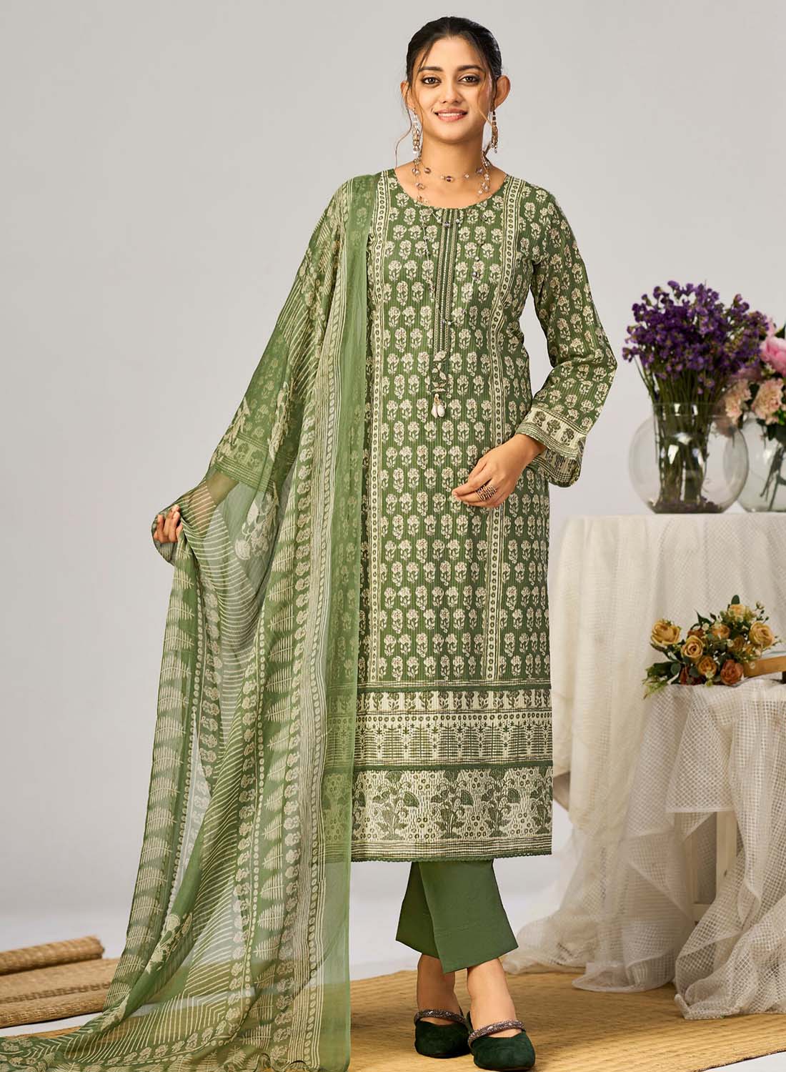Green Pure Cotton Unstitched Suit Material with Dupatta for Women
