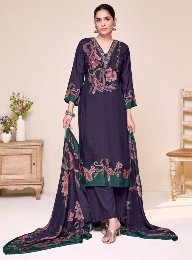 Purple Party Wear Pure Muslin Unstitched Suit Set Fabric with Embroidery