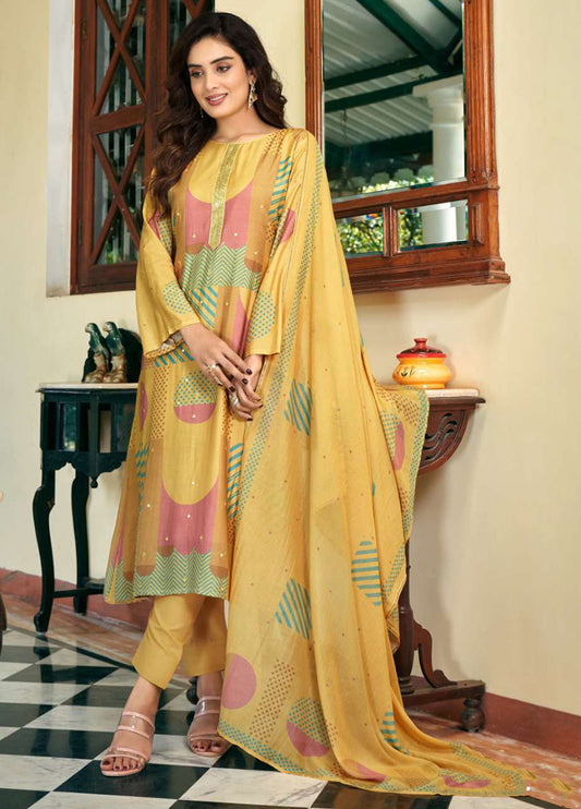 Party Wear Muslin Printed Unstitched Yellow Suit Material for Women