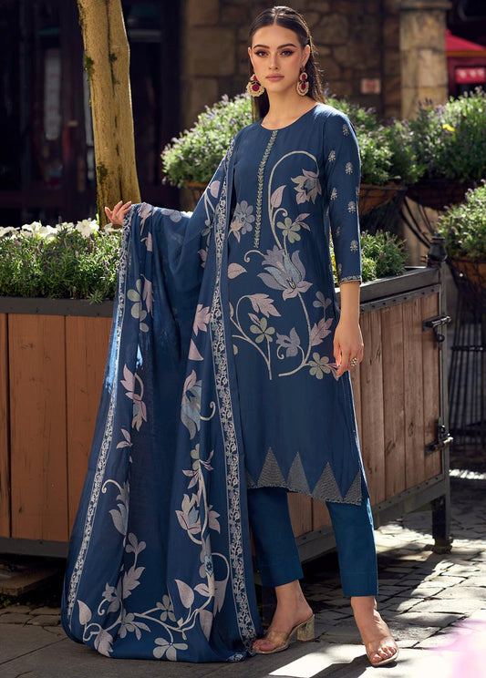 Party Wear Pure Viscose Muslin Unstitched Printed Suit Blue Kilory Trends